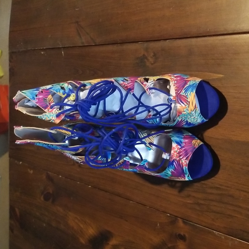 Qupid Abstract Multi Colored Gladiator Heels - image 4